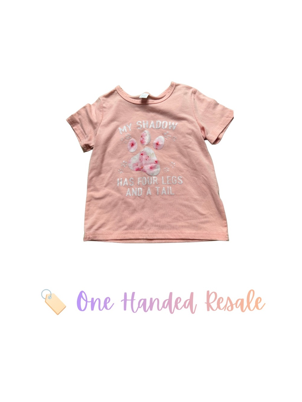 🐾 Girls Pink Paw Print Short Sleeve Tee “My Shadow Has Four Legs & a Tail” 3-4Y